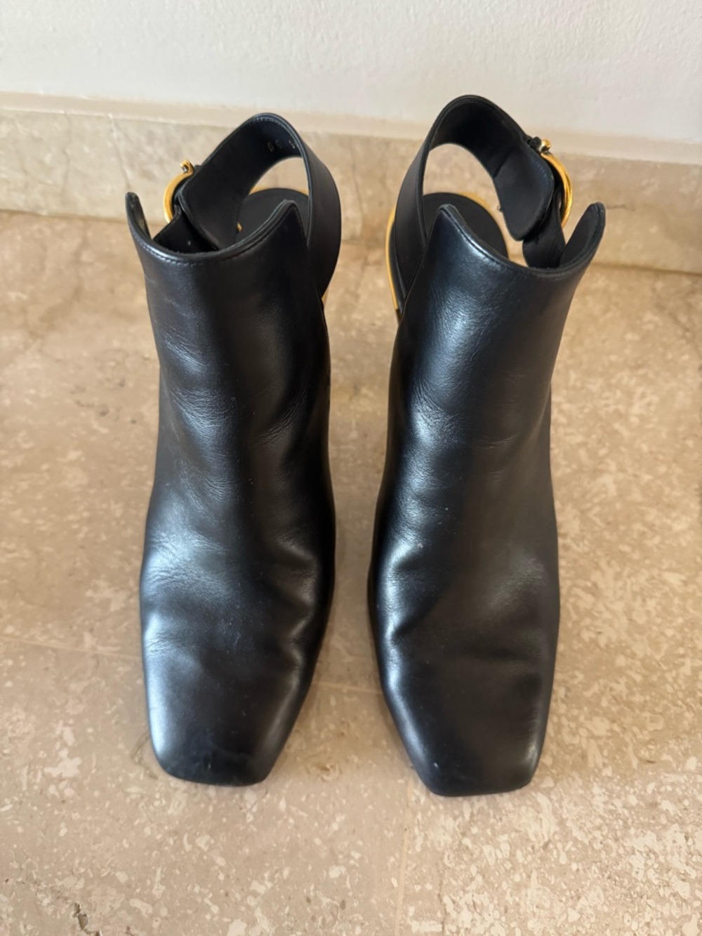 Salvatore Ferragamo Black Leather Ankle Booties with Gold Buckle